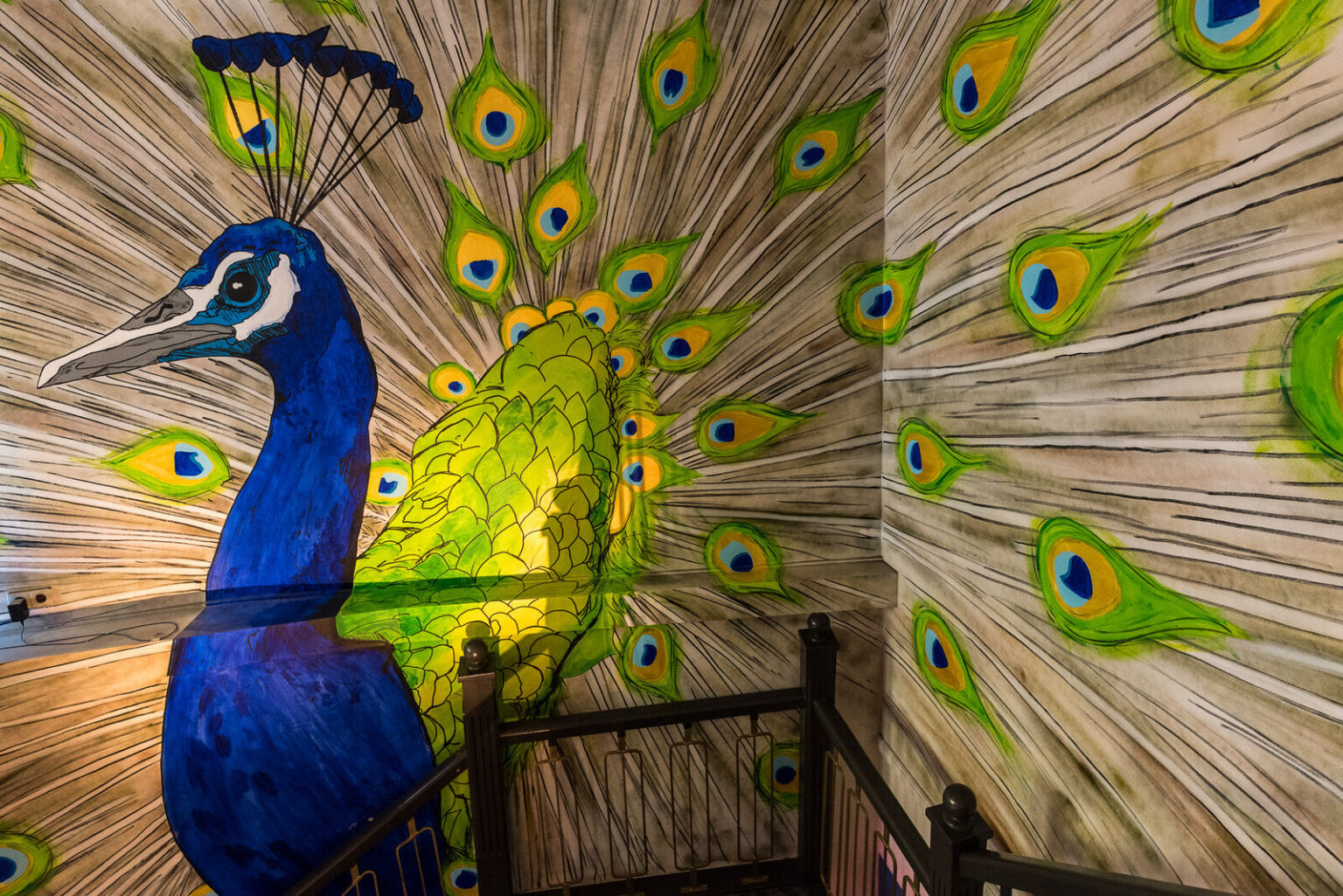 Dipinto murale di un pavone all’Hotel Pauw