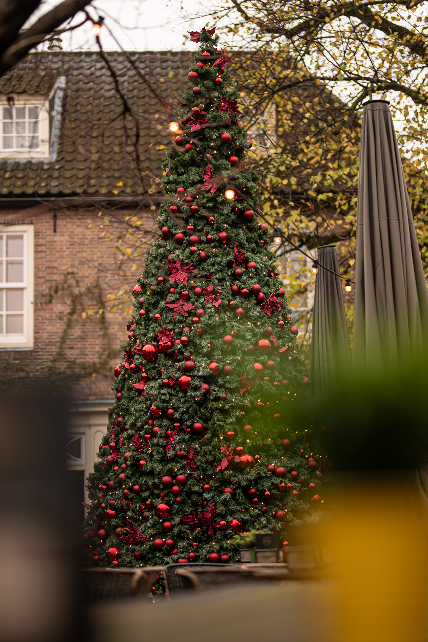 De kerstboom met rode ballen op de binnenplaats van de Commanderie